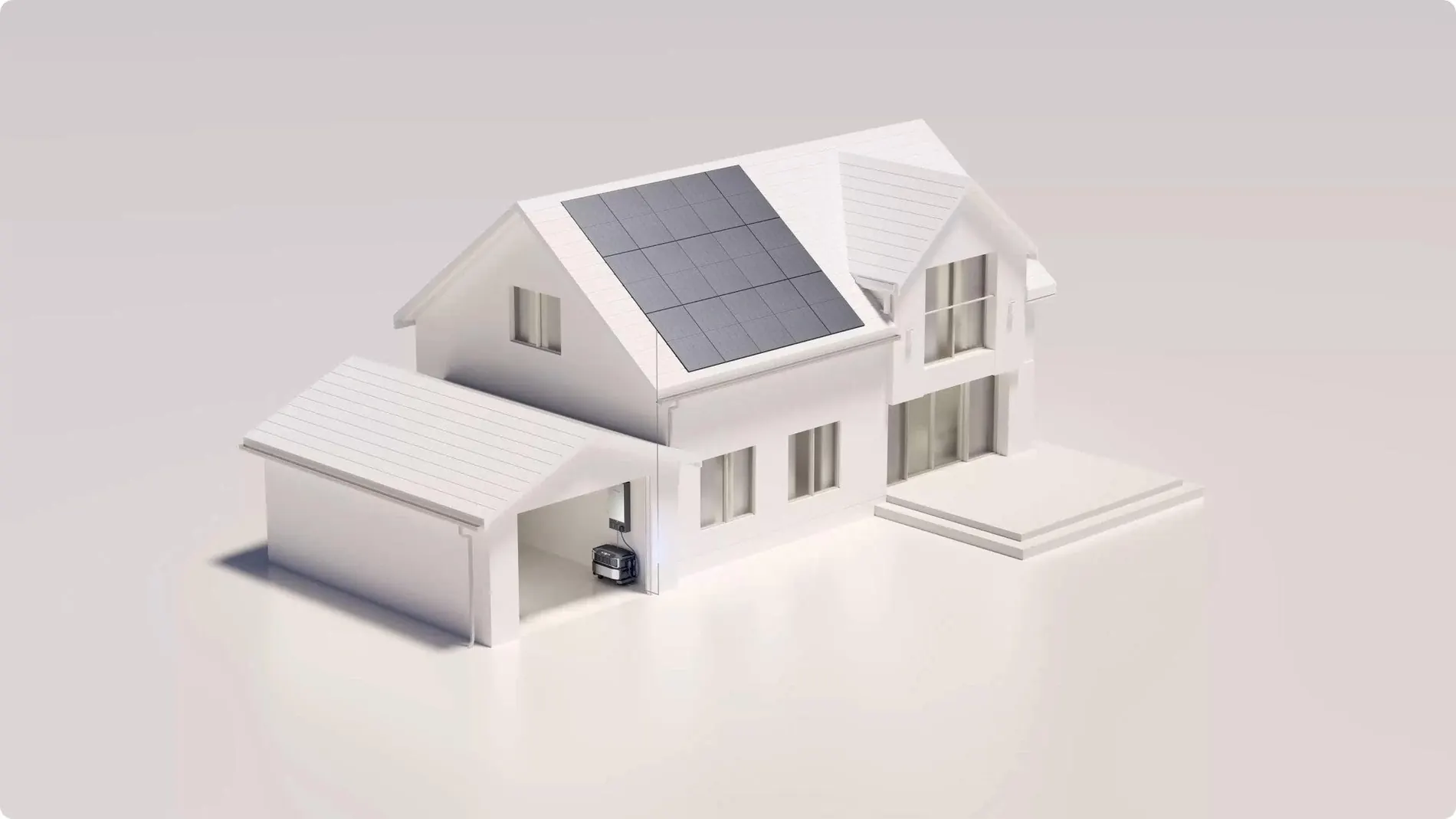 Maquete branca de uma casa com painéis solares no telhado e o sistema DELTA Pro Ultra na garagem
