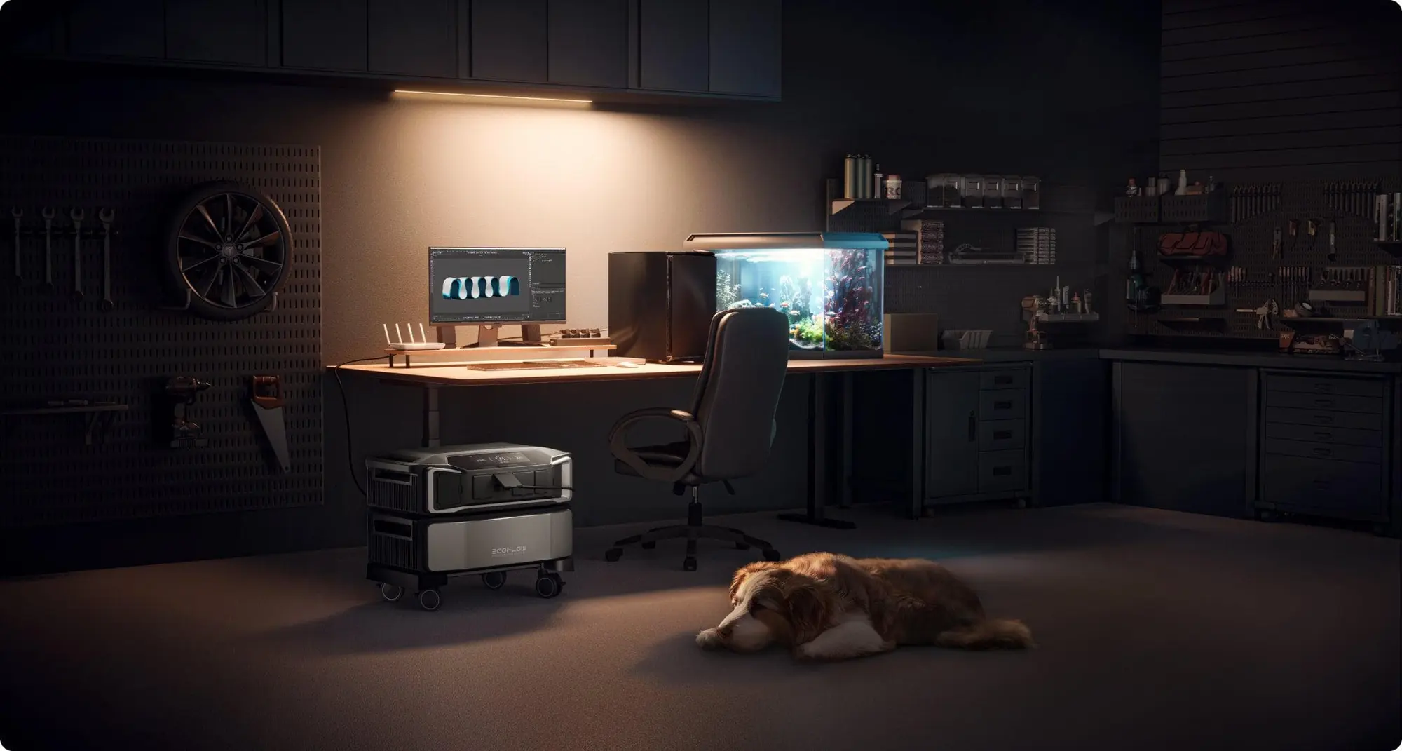 Home office à noite com o DELTA Pro Ultra alimentando computador, aquário e iluminação